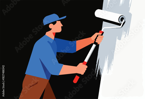 A painter in blue cap and shirt uses a roller to apply paint on a white surface with a dark background