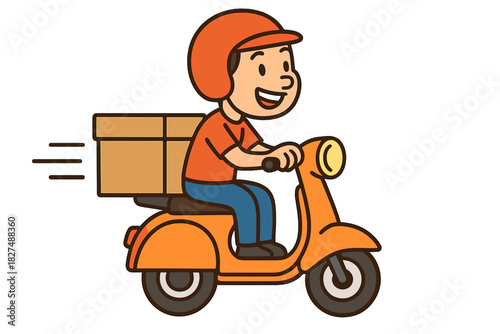 Happy courier riding an orange scooter quickly delivering a large cardboard box package
