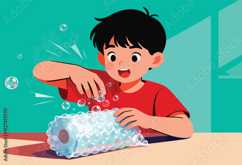 A cartoon boy is happily popping bubble wrap, sending air bubbles into the air