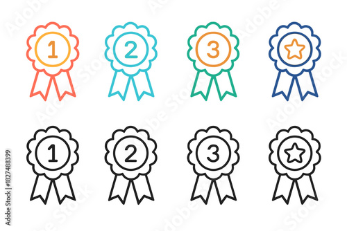 Award badges and rosettes with ribbons for first, second, and third place ranking