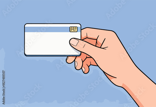 Cartoon depiction of a hand holding a credit card against a light blue background