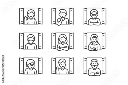 Diverse people and neighbors looking out from apartment during social distancing or quarantine