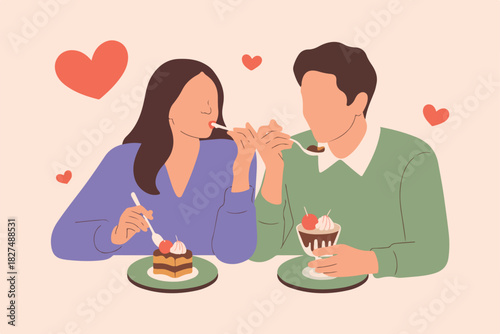 Illustration of a couple sharing desserts with spoon; hearts float around them. The man and woman are faceless