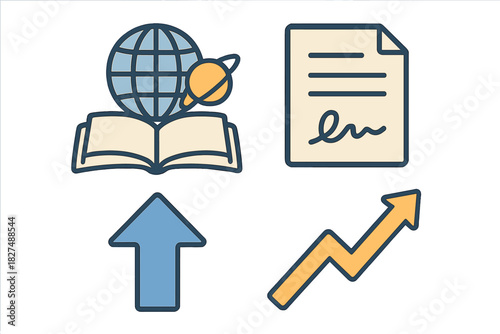 Set of icons for global education, legal documents, movement, and financial growth