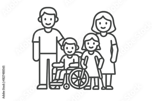 Inclusive family unit showing parents and children with physical disabilities