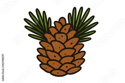 Rustic brown pine cone with bright green needles symbolizing winter and Christmas season