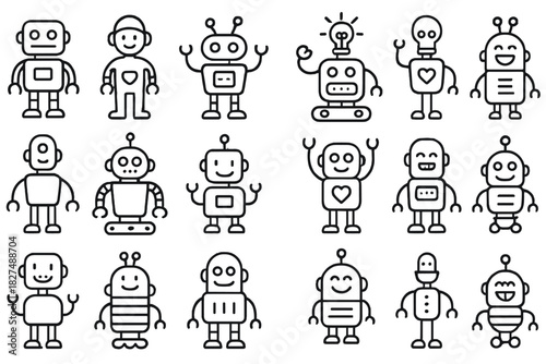 Set of cute cartoon robot characters showing various shapes and expressions
