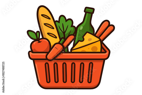 Shopping basket overflowing with fresh groceries bread vegetables cheese and wine