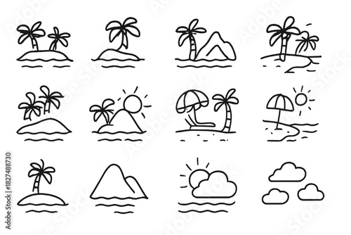 Tropical island beach vacation symbols featuring palm trees sun and clouds