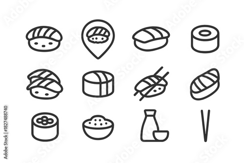 Japanese sushi, nigiri, maki rolls, rice, and soy sauce outline symbols