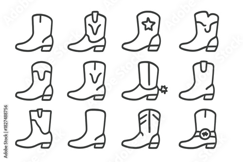 Collection of various western cowboy boots and rodeo footwear symbols