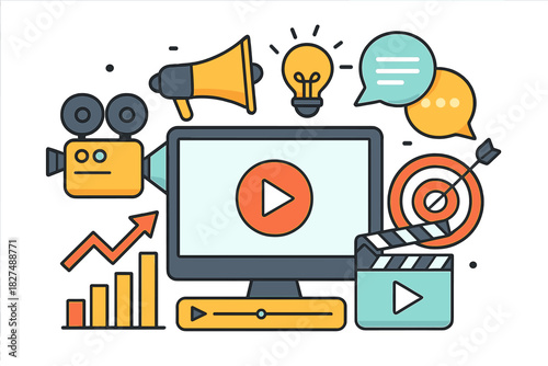 Digital media production and marketing concept with video screen, camera, megaphone, and growth chart