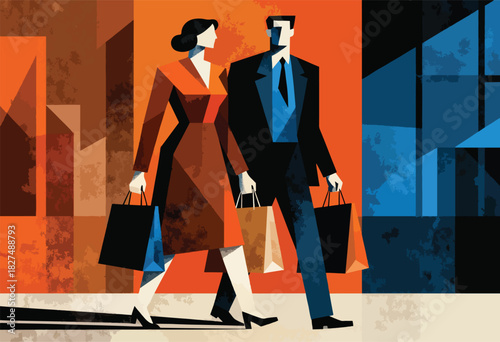 A couple walks with shopping bags against a textured geometric backdrop in earthy tones