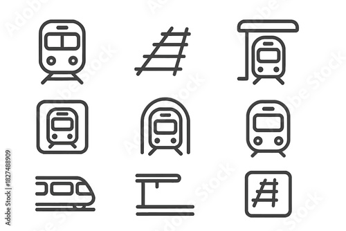 Minimalist line art depicting high-speed trains, subway cars, railway tracks, and transit platforms