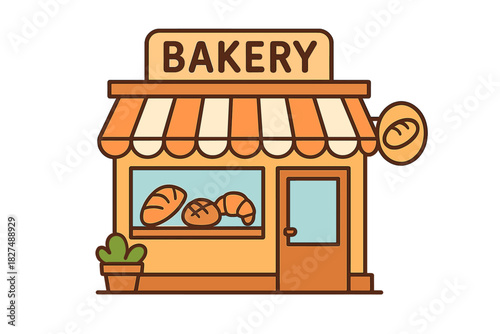 Charming cartoon bakery storefront with striped awning and fresh baked goods display