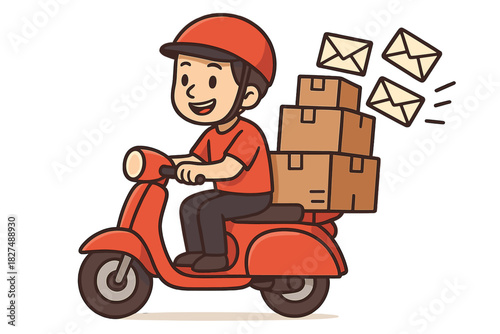 Express delivery service worker wearing helmet driving moped loaded with packages