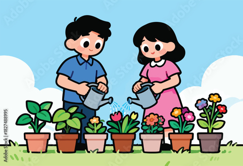 A cartoon boy and girl watering potted plants in a garden on a sunny day. Blue sky backdrop