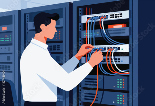 A person in a white shirt working on server racks, connecting colorful cables. A modern illustration