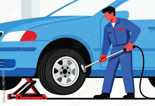 An illustrated mechanic, colored in flat shades, works on a lifted blue car tire