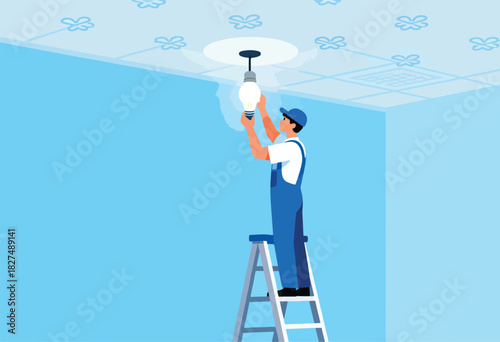 A worker in blue overalls replaces a lightbulb, standing on a ladder. The room is light blue with ceiling decor