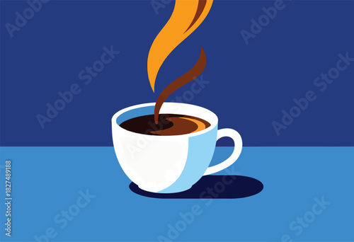 A stylized coffee cup with steam rising against a blue backdrop, shadow cast. Simple, clean, minimalist design