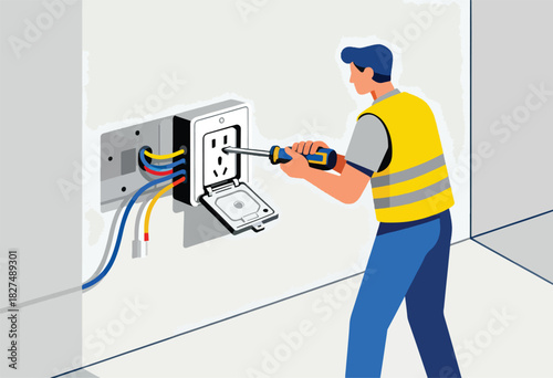 An electrician, in a yellow vest, uses a screwdriver on a wall socket, with electrical wires exposed