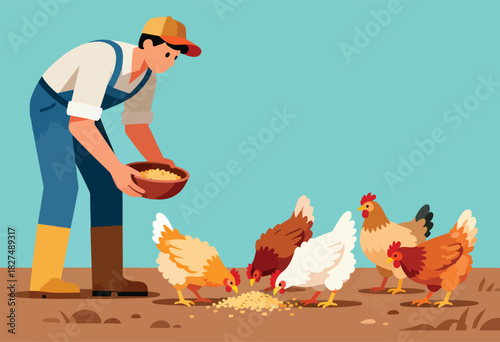 A farmer feeds chickens grain from a bowl. The birds peck at the food, illustration with a clear blue sky background
