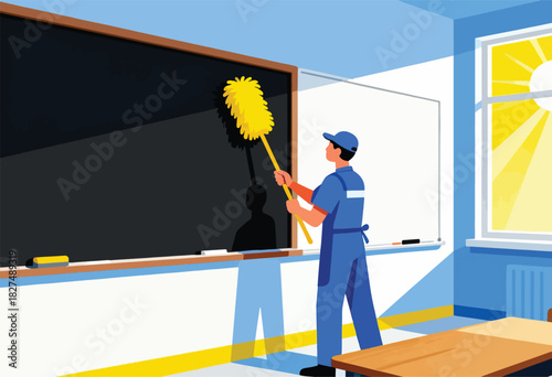 A person in blue overalls dusts a chalkboard in a bright, sunlit room, with a window and whiteboard visible