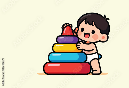 A cheerful cartoon baby, wearing a diaper, happily stacks colorful rings, red top, atop the tower