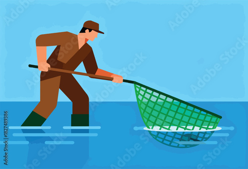 Vector illustration of a person fishing with a net in water, wearing a hat and waders under a blue sky