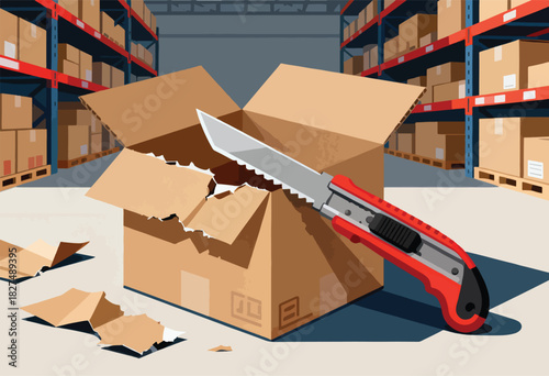A utility knife slices a cardboard box in a warehouse, boxes on shelves in the background