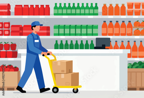 A grocery store illustration shows a worker with a trolley with boxes, shelves filled with produce & drinks