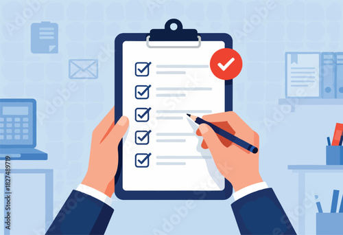 A person checks a list with a pen, with a red circle and checkmark next to it. Office background