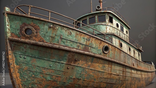 Rust and patina cover an old ship hull in a serene water setting at dusk