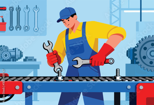 A mechanic in overalls and gloves tightens a bolt with a wrench on an assembly line