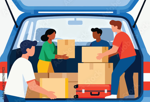 Illustration of a group of people loading boxes into the trunk of a blue vehicle