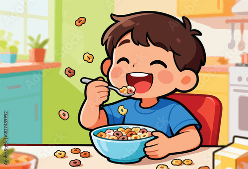Cartoon boy gleefully eating cereal from a blue bowl, enjoying breakfast in a bright kitchen