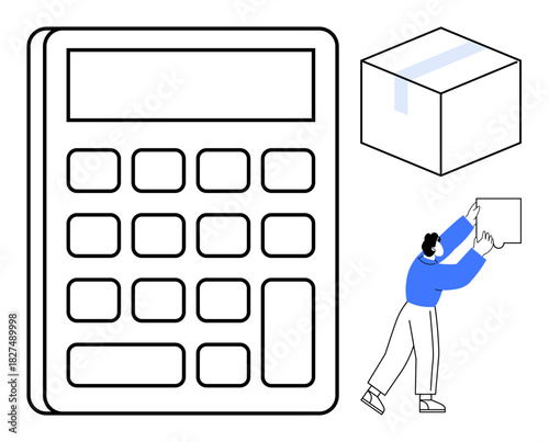 Shipping concept. Shipping illustrated with a calculator, a package, and a person lifting a box. Shipping logistics, cost estimation, and e-commerce efficiency. For retail, warehouse management