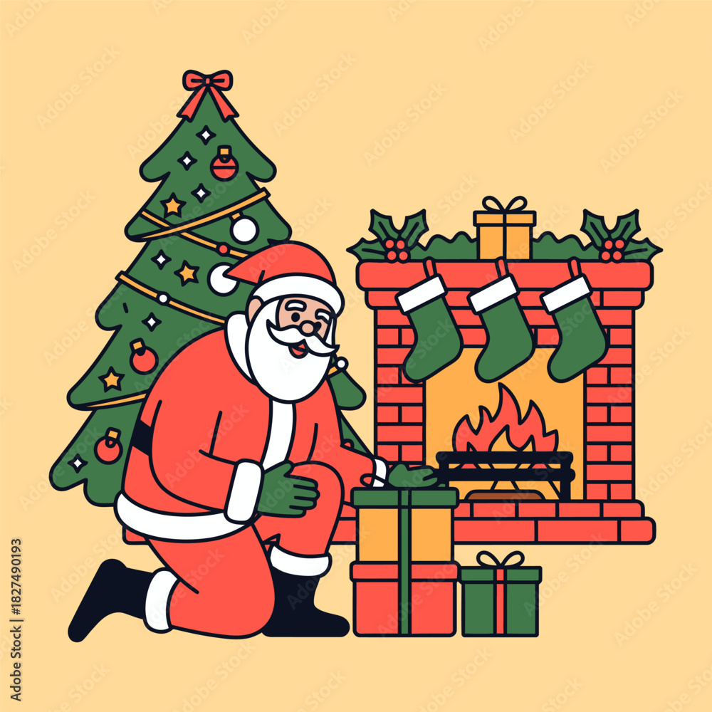 Obraz premium Santa with Gifts by Fireplace and Christmas Tree Illustration
