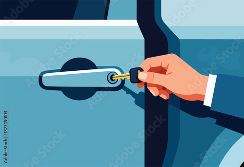 Vector illustration of a hand inserting a key into a car door lock, ready to unlock it