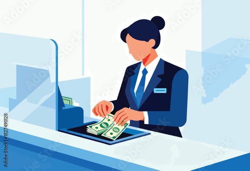 A bank teller in a suit arranges banknotes on a counter within a stylized, blue-toned interior