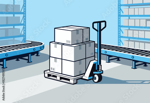 An illustration depicting a warehouse scene. Stacked boxes on a pallet are moved by a pallet jack near shelves