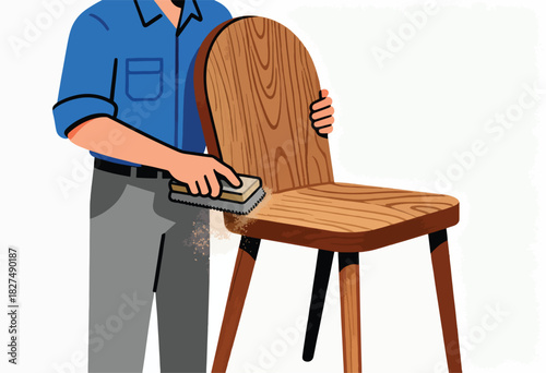 An illustration depicts a person sanding a wooden chair, dust falling as the person works on the seat