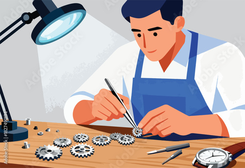 A craftsman in an apron carefully works on watch gears, illuminated by a task lamp, watch and tools present