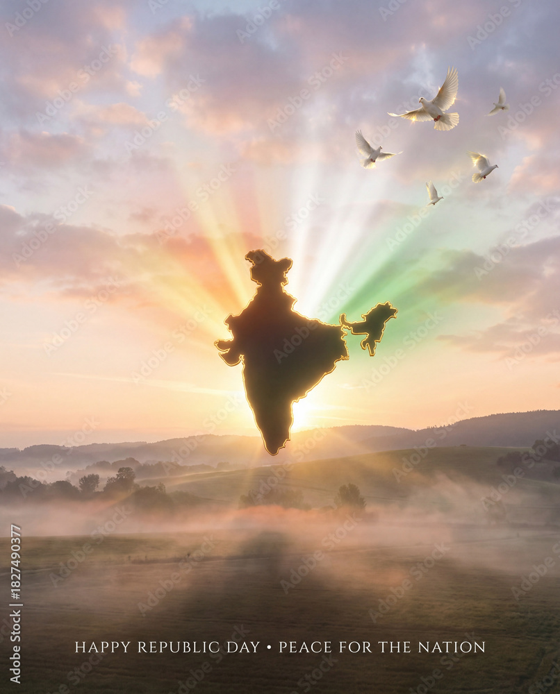 Fototapeta premium Silhouette of india map with vibrant flag colors and flying birds at sunrise, celebrating republic day