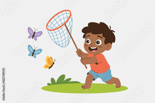 A cartoon boy chases butterflies with a net on a green patch, smiling. Three colorful butterflies flutter nearby