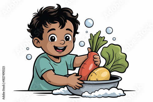 A smiling child with dark hair washes vegetables in a bowl, with bubbles around him, suggesting cleanliness