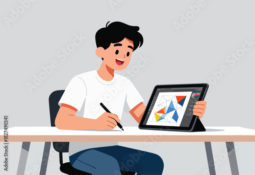 A smiling person works on a tablet at a desk, designing a geometric pattern. A pen rests on the table