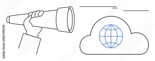 Hand holding telescope aiming toward cloud with globe at the center, indicating global connectivity, vision. Ideal for technology, internet, exploration, future, innovation, research communication