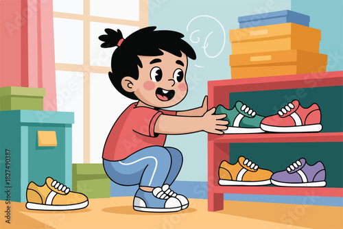 A cheerful child, hair in a ponytail, looks at colorful sneakers on a shelf. Shoes are also on the floor